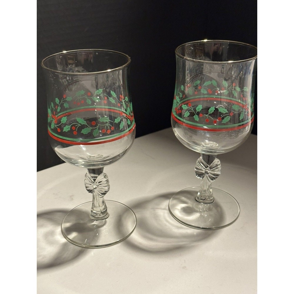 Arby’s Christmas Holly Berry Bow Stem Holly Vtg Goblets Libbey Parfait Bowl Set - Picture 9 of 16